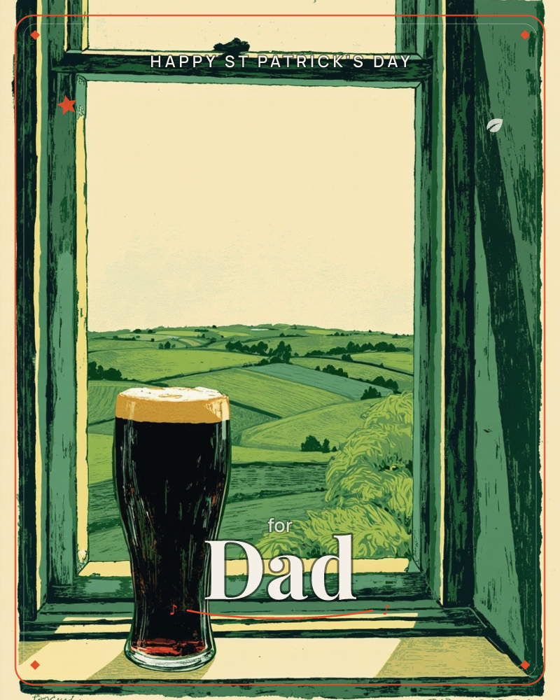A pint of dark stout with a creamy head sits on a weathered green window ledge, framed by rough wooden shutters, a st patrick's day e-card design
