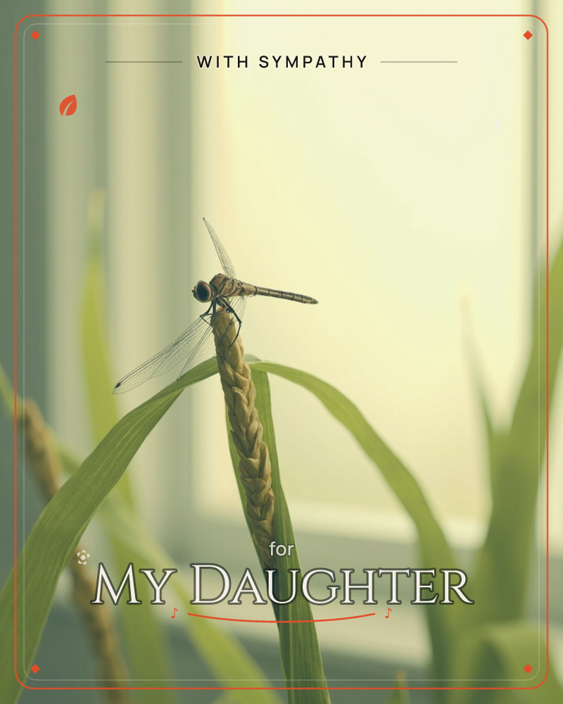 A dragonfly rests on the braided tip of a wheat stalk, its transparent wings catching soft golden light, a sympathy e-card design