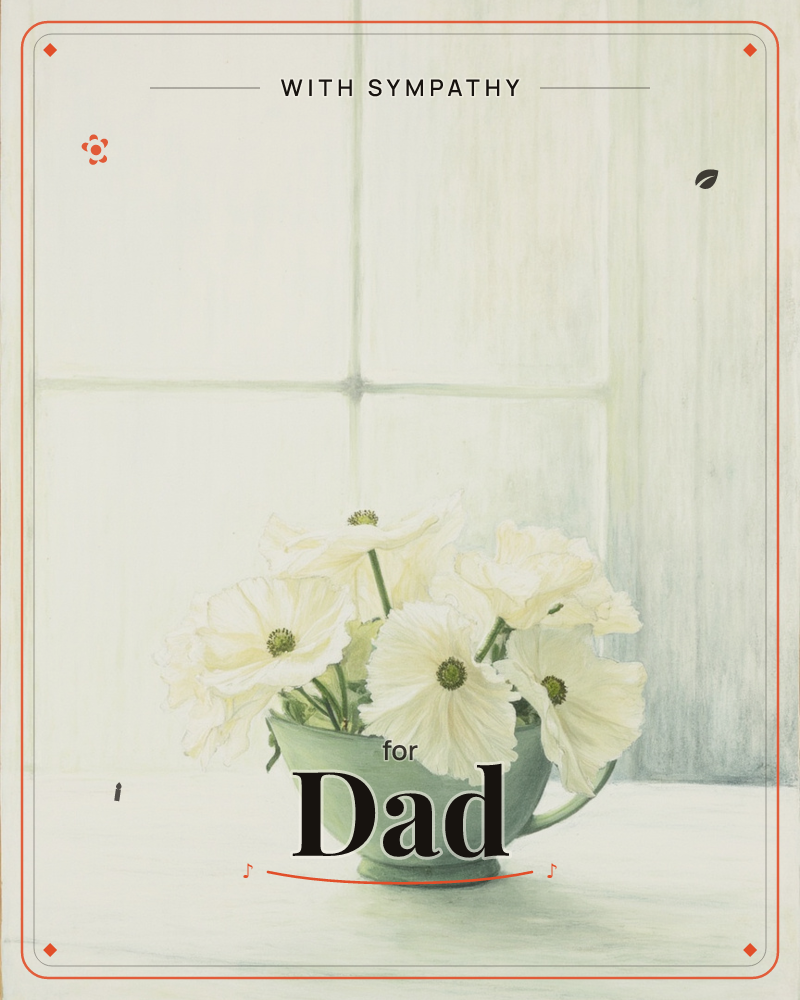 A soft cluster of white poppies sits in a pale green jug on a windowsill, their crumpled petals catching the hazy light from a paned window behind, a sympathy e-card design