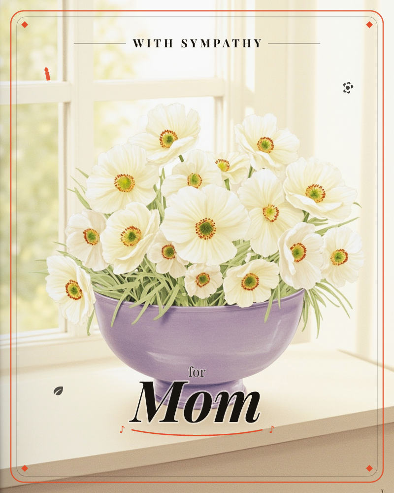 A rounded lavender bowl overflows with cream-white anemones, their green centers ringed in orange, resting on a sunlit windowsill, a sympathy e-card design