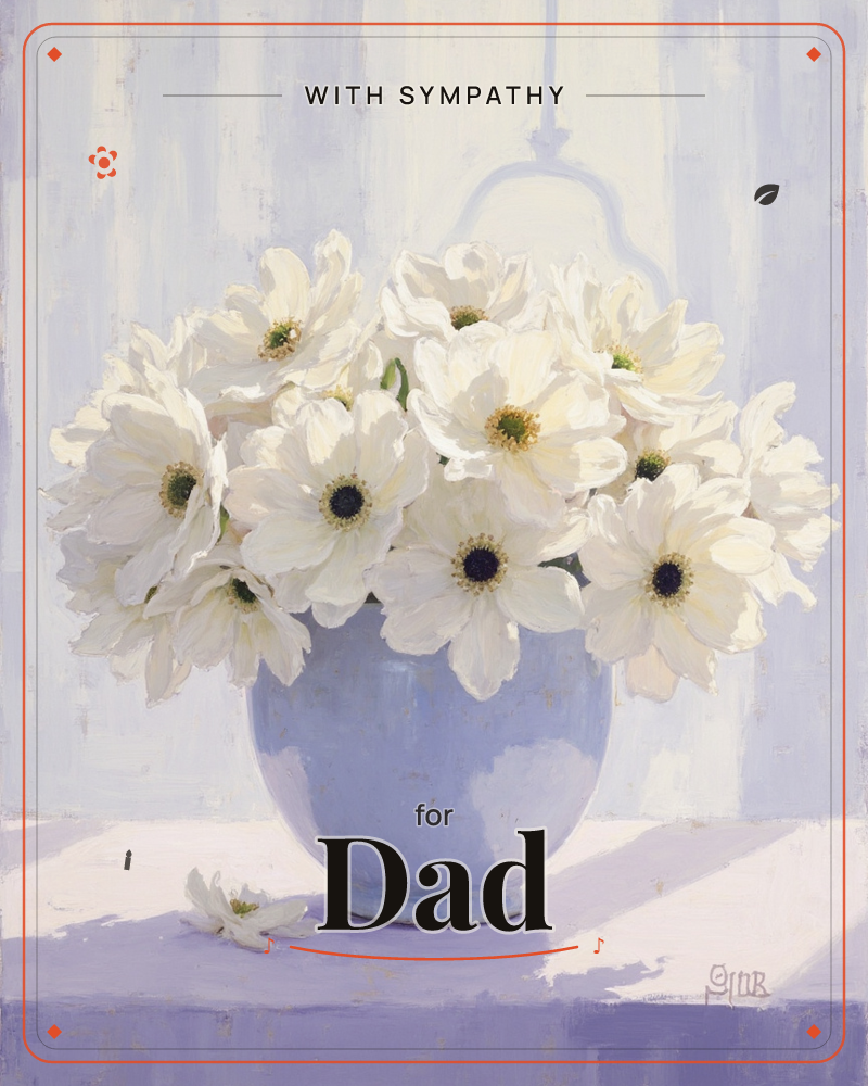 A pale blue ceramic vase holds a full bunch of white anemones, their petals soft and slightly ruffled, centres marked with deep near-black and gold, a sympathy e-card design