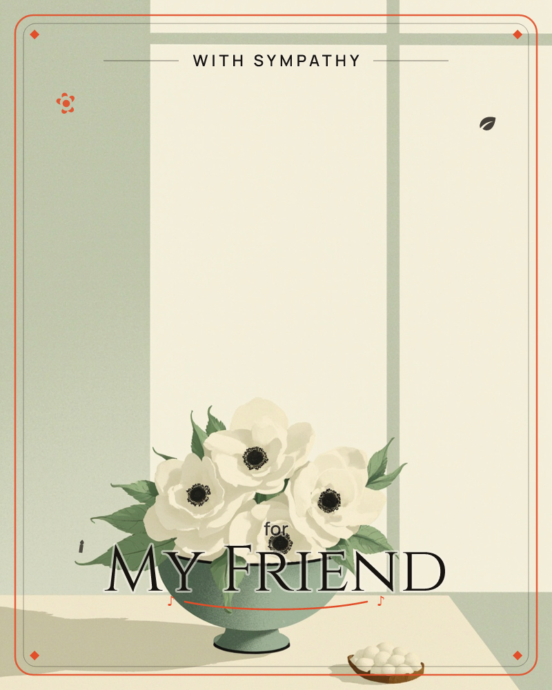 A sage-green pedestal bowl of white anemones sits on a cream tabletop against a softly divided wall of muted green panels, with a small woven dish of…, a sympathy e-card design