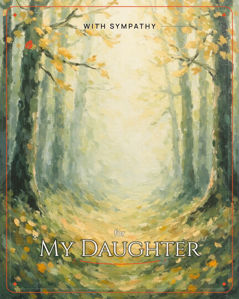 A quiet forest path curves away into a soft, glowing haze, framed by tall trees whose branches arch overhead like a natural doorway, a sympathy e-card design