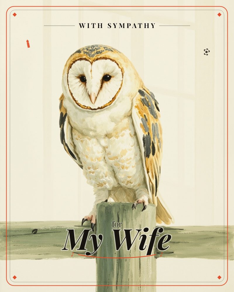 A barn owl with a heart-shaped white face perches on a weathered green fence post, its dark eyes gazing straight out, a sympathy e-card design