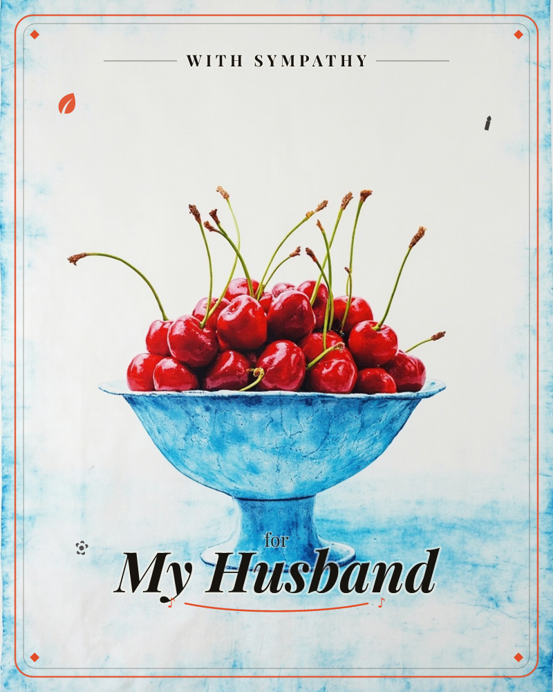 A pedestal bowl painted in soft chalky blue holds a heaping pile of glossy red cherries, their thin stems sticking upward in every direction, a sympathy e-card design