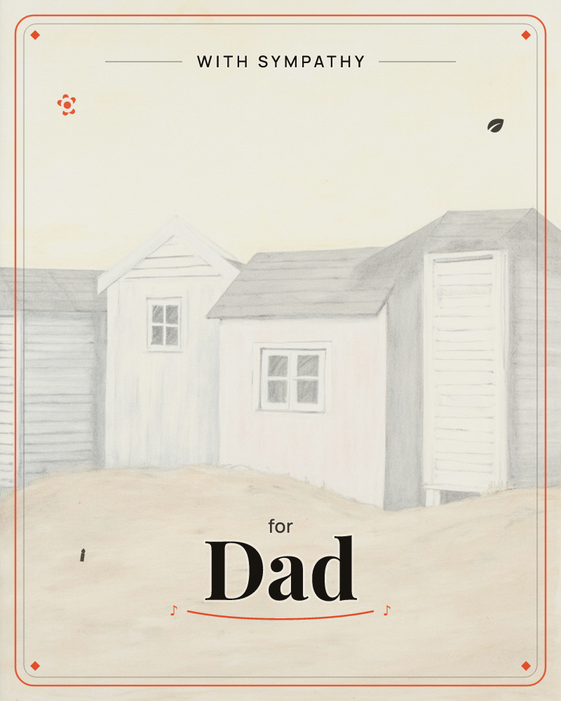 A row of weathered beach huts stands along a low dune, their wooden panels and peaked roofs rendered in soft pencil greys and creams, a sympathy e-card design