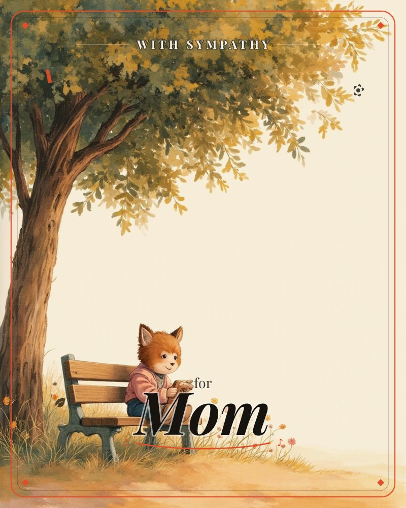 A little fox in a pink jacket and blue overalls sits alone on a wooden park bench beneath a large tree with autumn-gold leaves, reading a small book, a sympathy e-card design