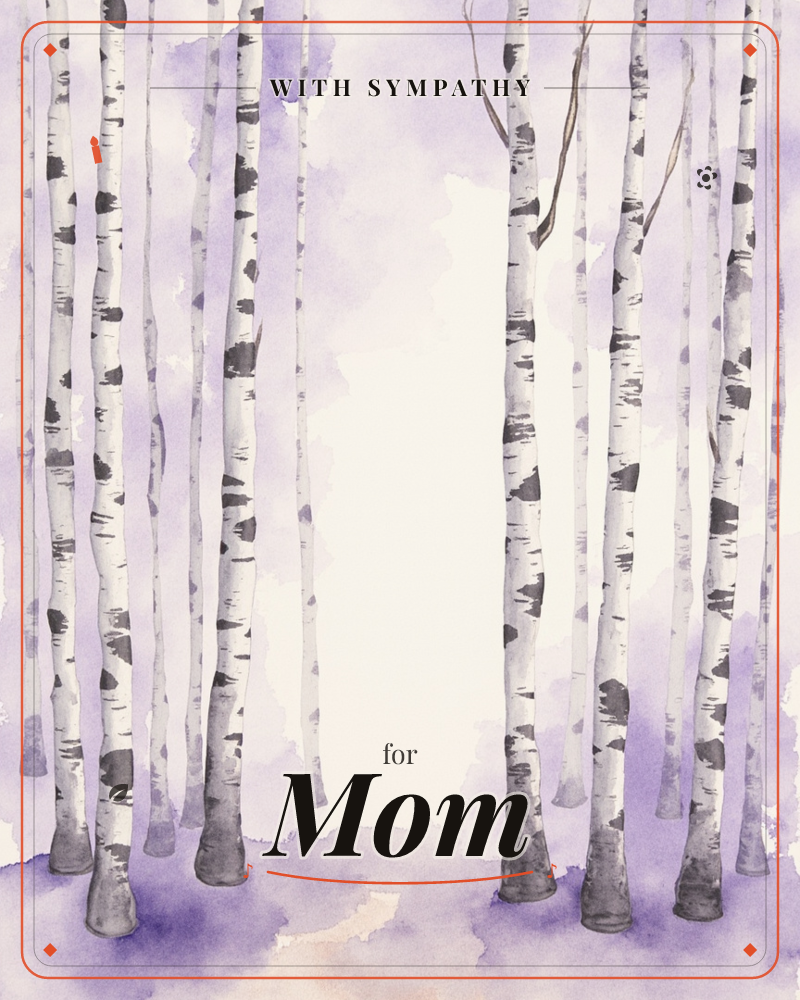 A watercolour birch forest stands in soft violet mist, tall white trunks marked with dark charcoal bark scars leading toward a pale glowing clearing, a sympathy e-card design