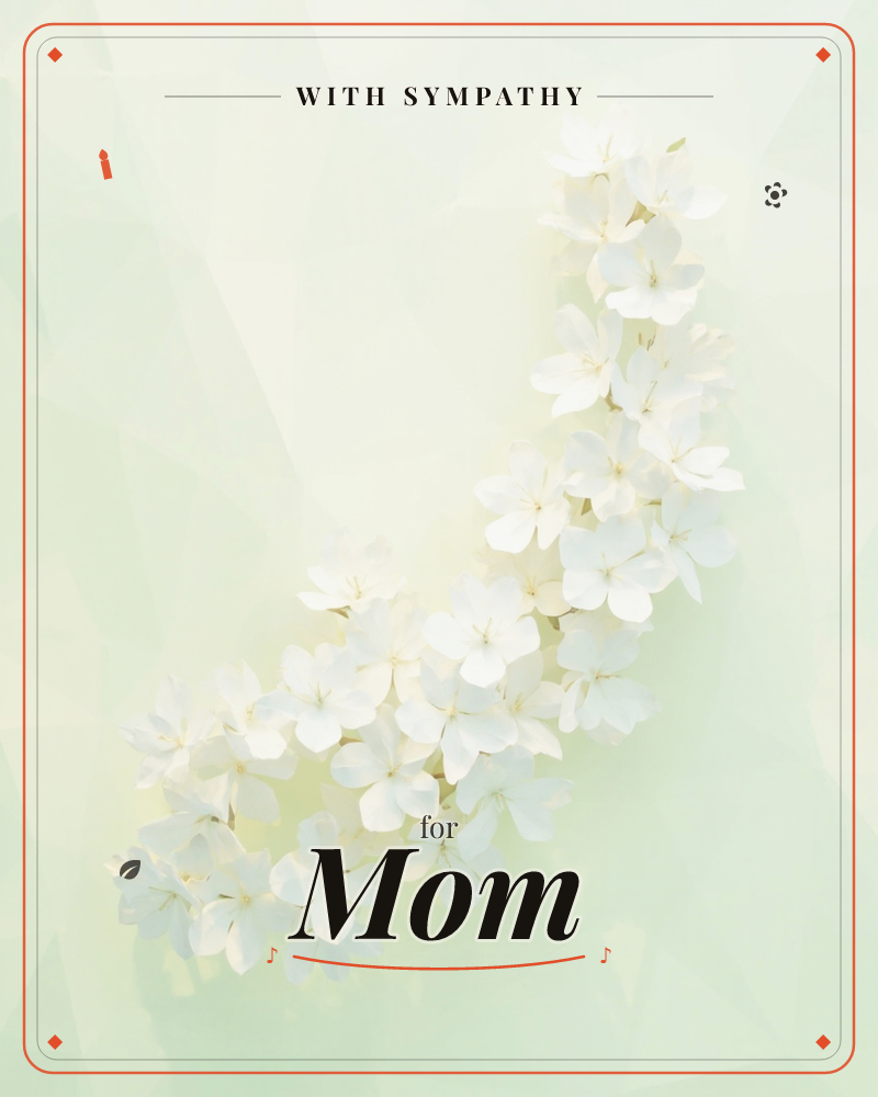 A soft cascade of small white blossoms curves along the lower right and bottom edge of the card, like a garland caught mid-fall, a sympathy e-card design