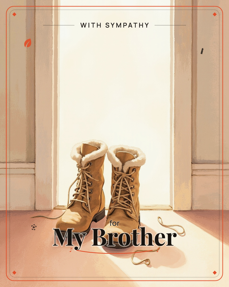 A pair of tan suede winter boots with fleece-lined collars stands just inside an open doorway, laces trailing loose on the floor, a sympathy e-card design