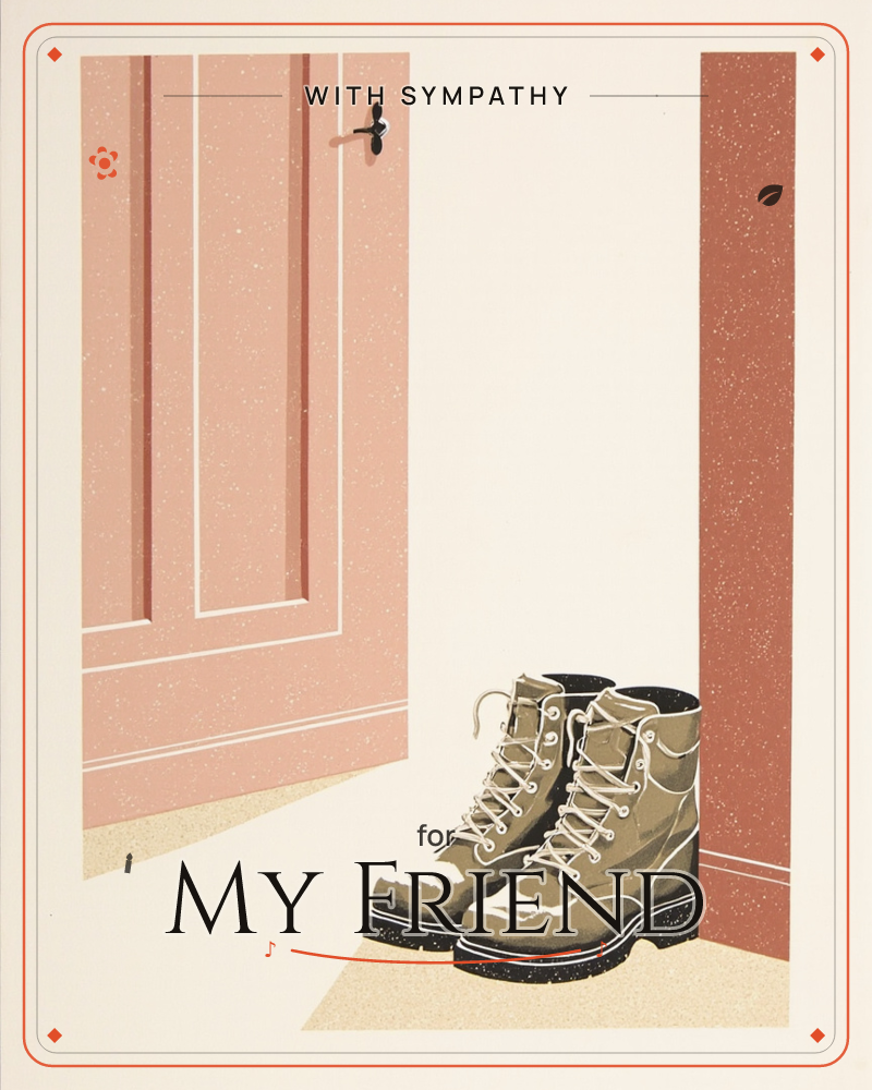 A panelled front door stands open beside a pair of well-worn lace-up boots left on the entryway floor, their laces loosened as if just kicked off, a sympathy e-card design
