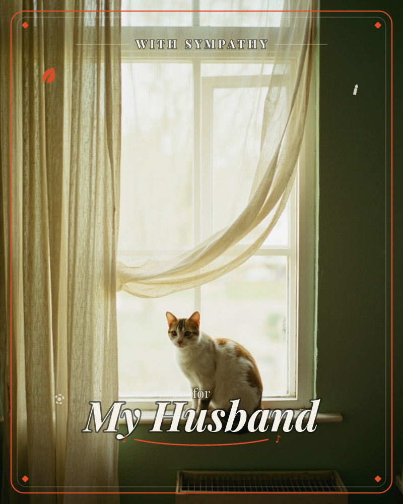 A calico cat sits alert on a windowsill, framed by sheer curtains billowing softly in the light, a sympathy e-card design