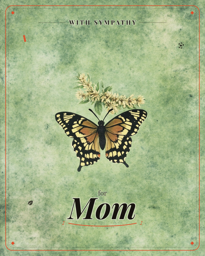 A swallowtail butterfly with rust-orange and black patterned wings rests below a sprig of small cream flowers and green leaves, set against a mottled…, a sympathy e-card design