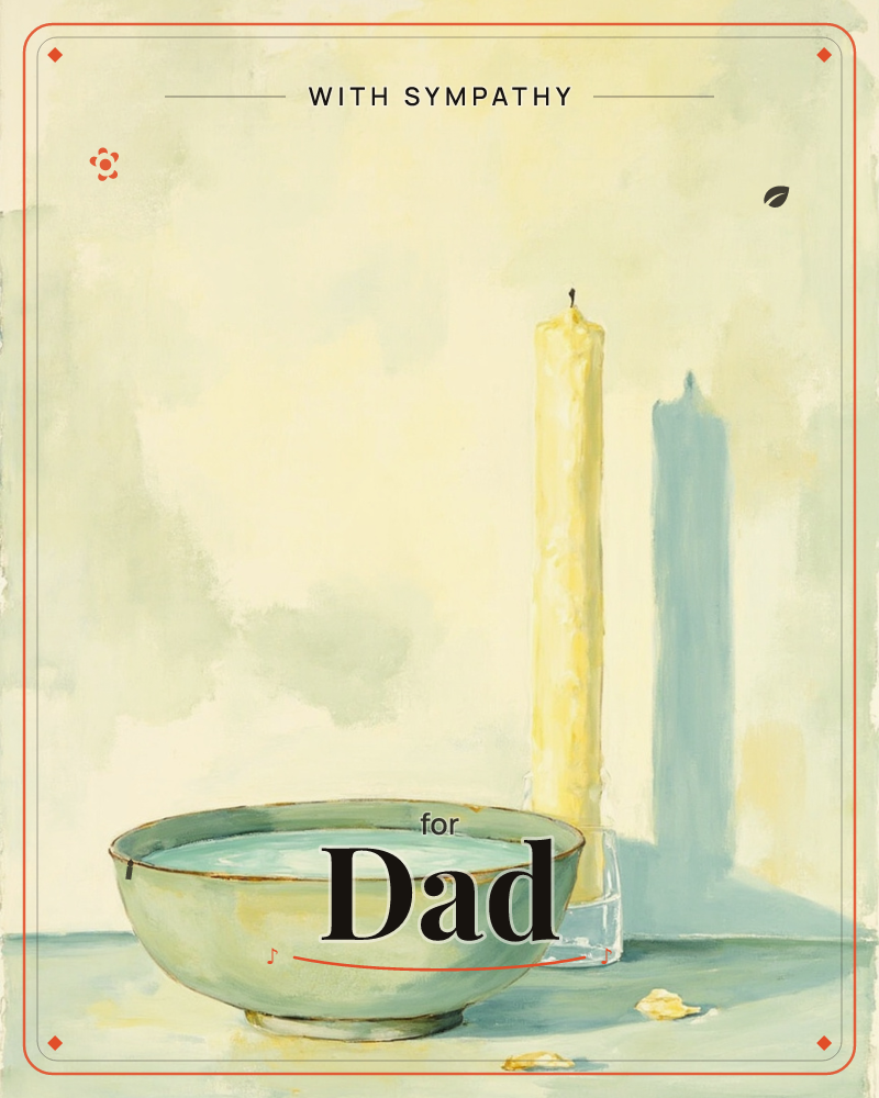 A tall unlit yellow candle stands beside a shallow ceramic bowl on a plain table, its long blue shadow stretching across a softly washed cream wall, a sympathy e-card design