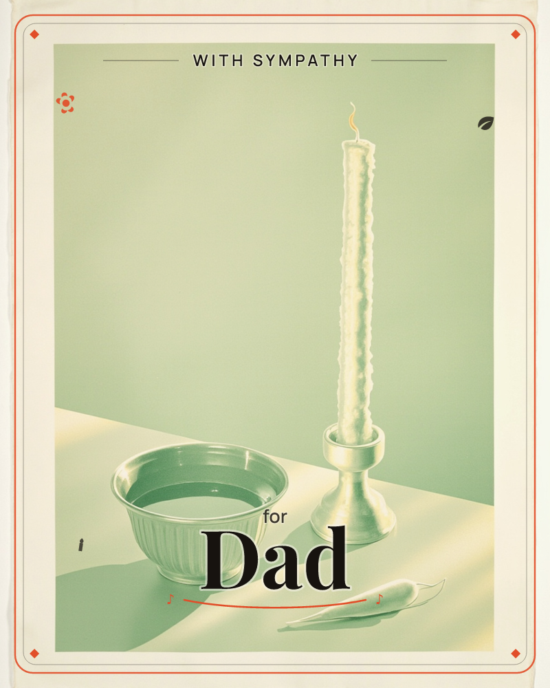 A tall, slightly melted candle burns steadily on a plain candlestick beside a ribbed bowl of water and a single curled leaf, all rendered in a…, a sympathy e-card design