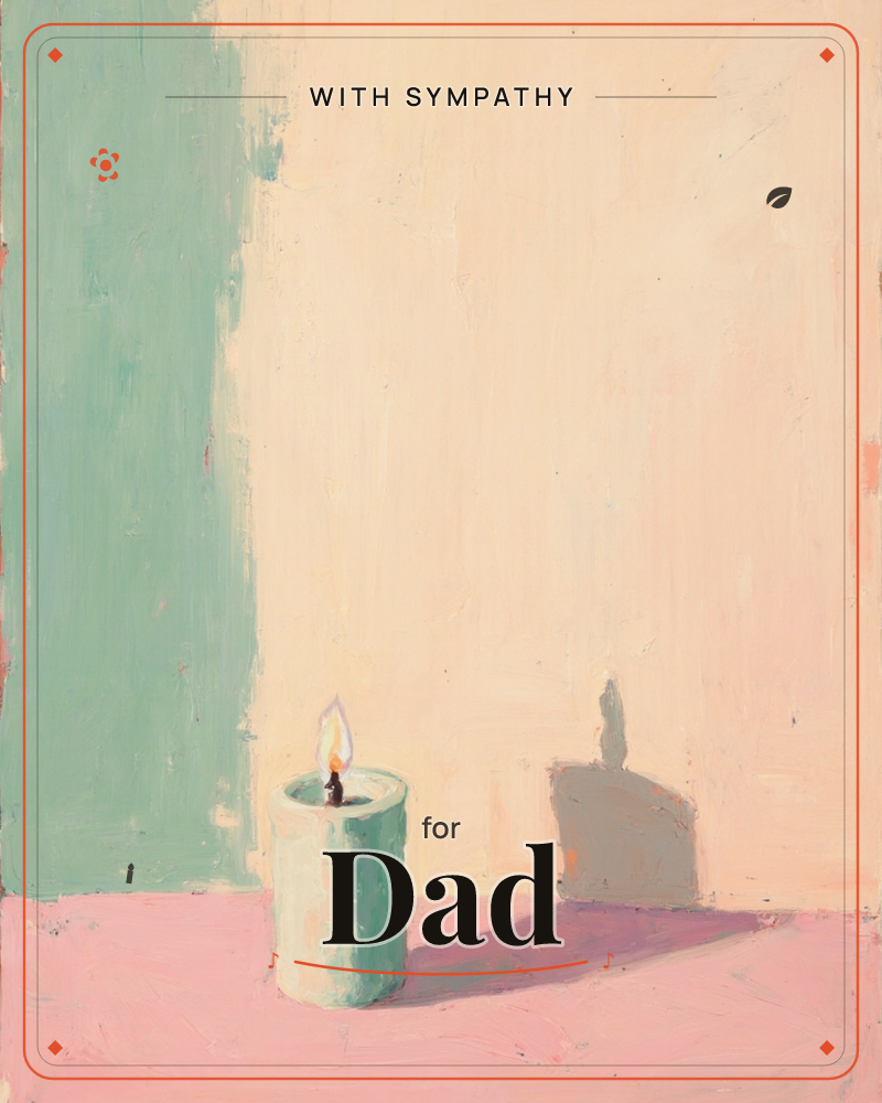 A single pale mint candle burns on a pink tabletop, its flame casting a long soft shadow across a warm cream wall banded with sage green, a sympathy e-card design