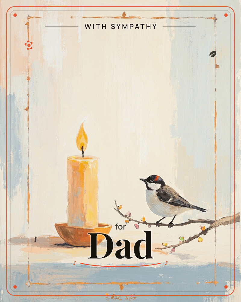 A lit candle sits in a small clay dish beside a chickadee perched on a flowering branch, set against a softly brushed backdrop of cream, pale blue, and…, a sympathy e-card design