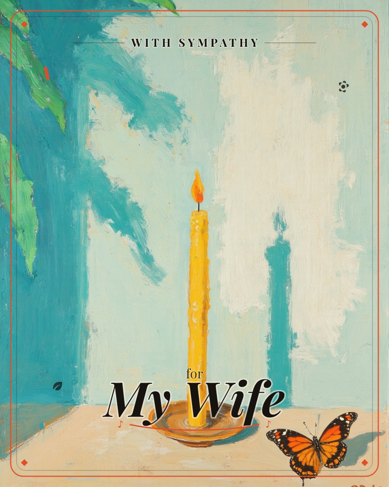 A tall yellow candle burns steadily on a small dish, set on a warm sandy tabletop against a loosely painted teal wall, a sympathy e-card design
