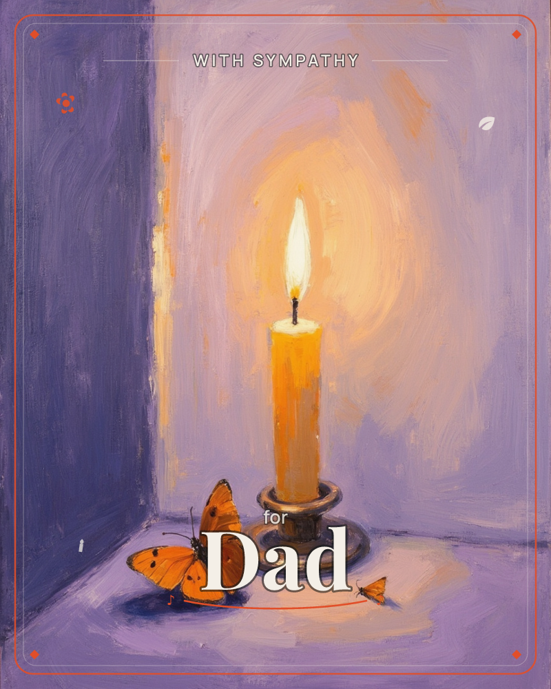 A single lit candle glows in a metal holder set in the corner of a violet-toned room, its flame casting a warm amber halo against the cool walls, a sympathy e-card design