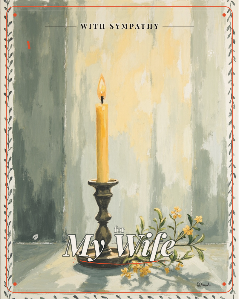 A single lit taper candle stands in a dark wooden candlestick against a streaky sage-green background, its flame casting a warm golden glow across the…, a sympathy e-card design