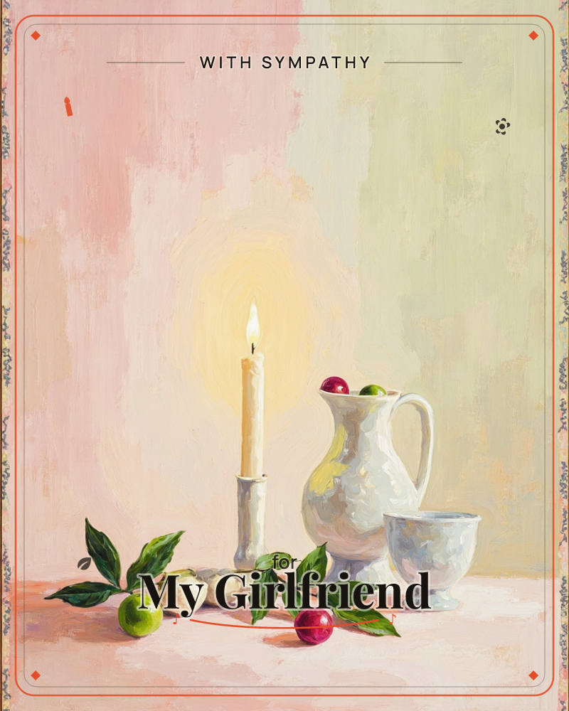 A still-life painting shows a single lit candle glowing beside a white ceramic pitcher and a small footed cup, with a leafy sprig of berries and pale…, a sympathy e-card design