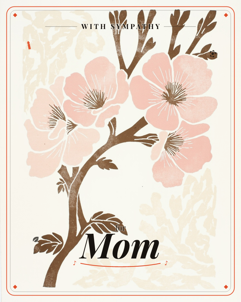 A blossom branch curves up the page, printed in soft pink and brown with the flat, layered texture of a woodblock print, a sympathy e-card design