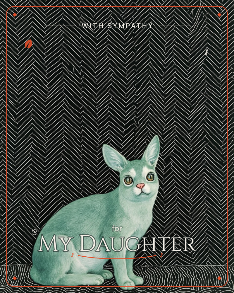 A slender grey-green cat with tall pointed ears sits primly against a dense black background of hand-drawn herringbone stripes, a sympathy e-card design