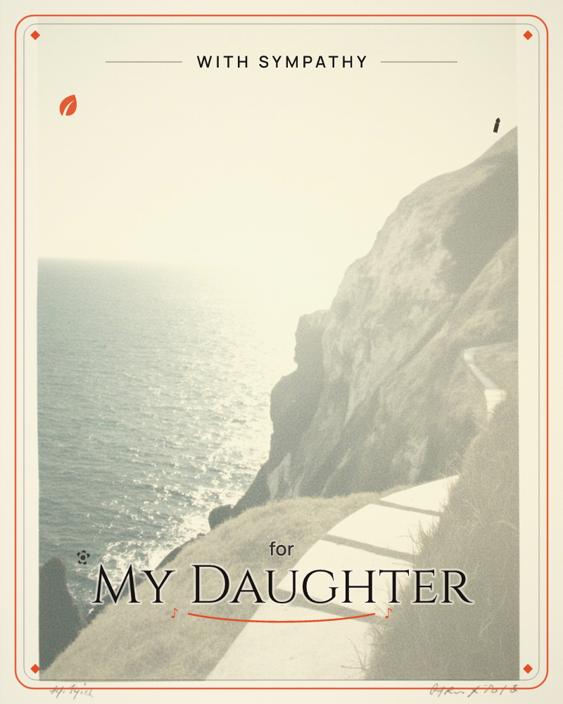 A faded, sun-bleached photograph shows a coastal path curving along the edge of a cliff, with the sea stretching out below catching hazy light, a sympathy e-card design