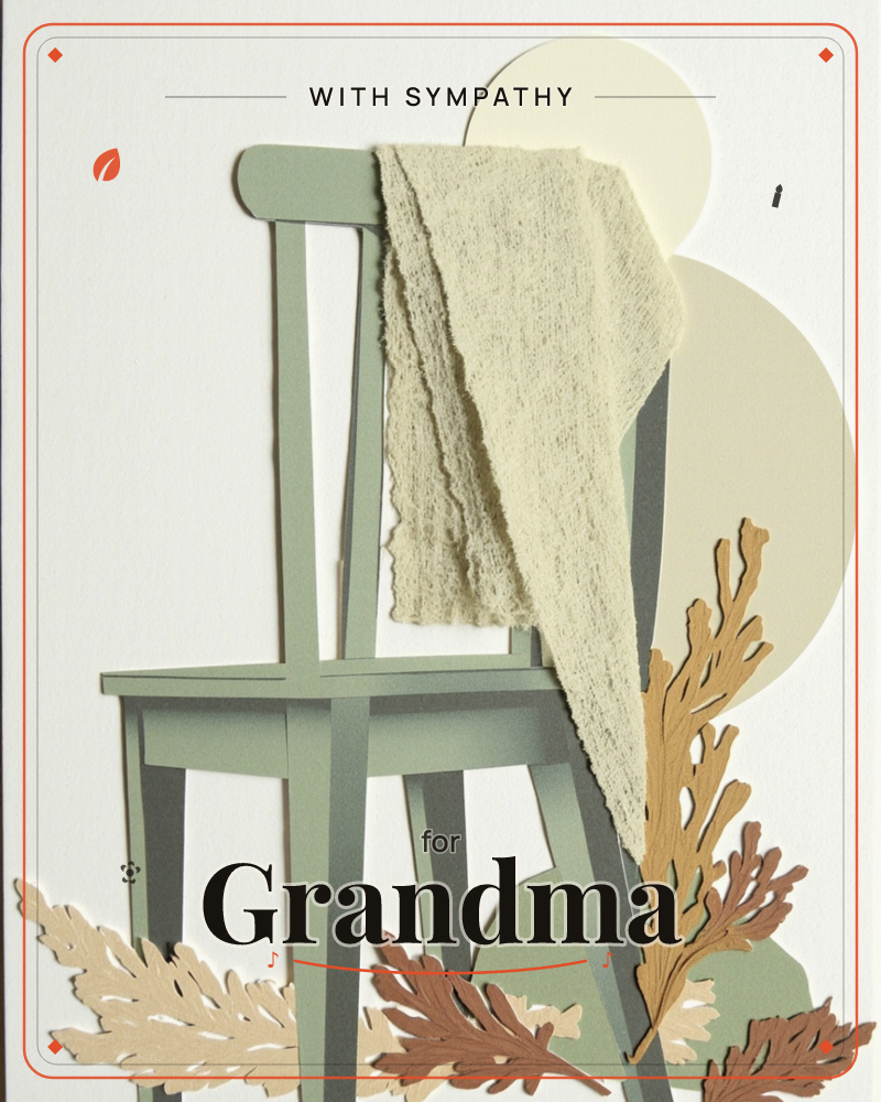 A paper-craft illustration shows a sage-green wooden chair with a cream knitted throw draped over its back, set against soft cream circles like a…, a sympathy e-card design