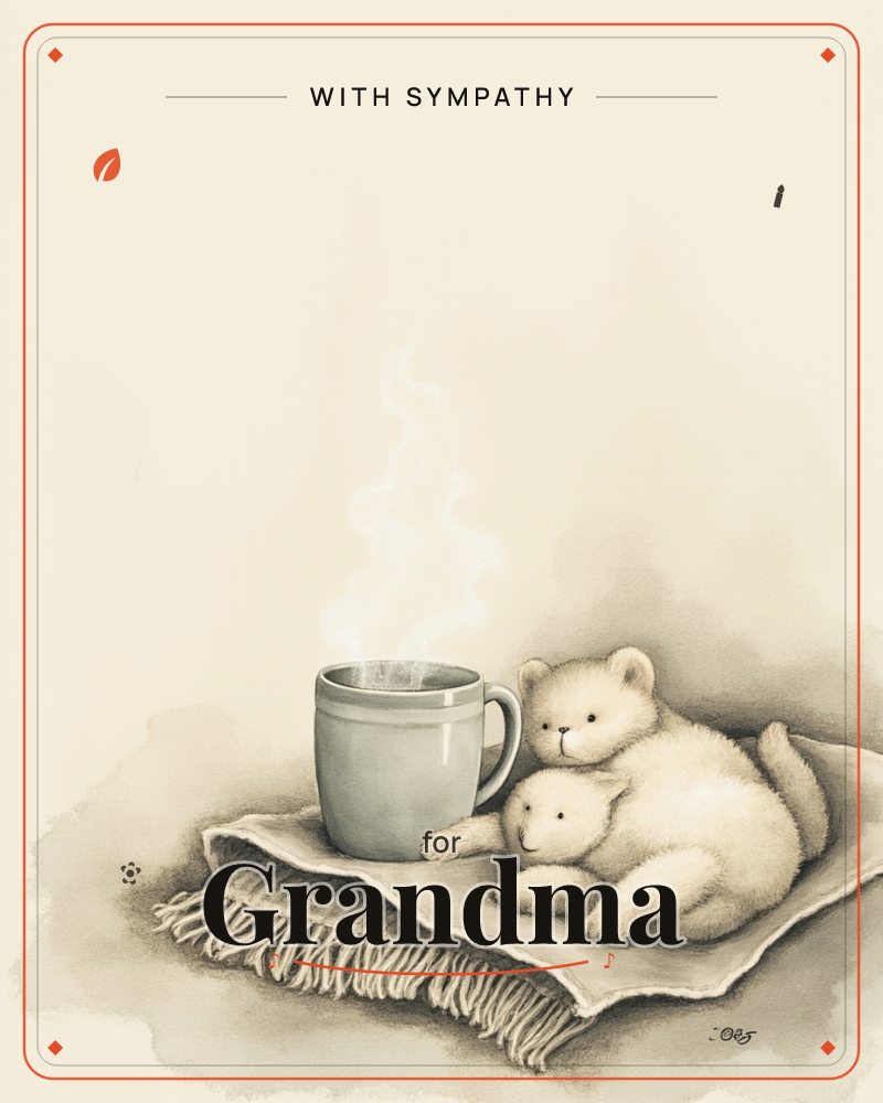 A steaming mug sits beside two cuddled-up teddy bears on a fringed knit blanket, rendered in soft sepia tones, a sympathy e-card design