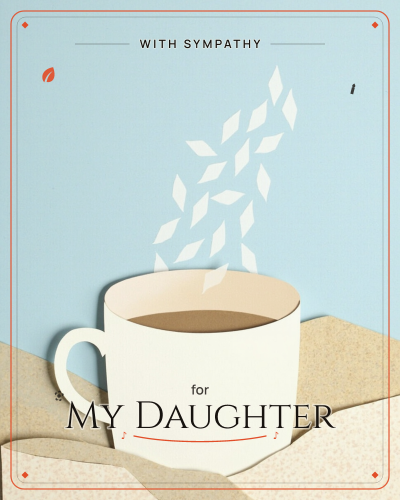 A cream paper mug filled with tan coffee sits atop layered sandy-textured paper hills, set against a flat sky-blue background, a sympathy e-card design