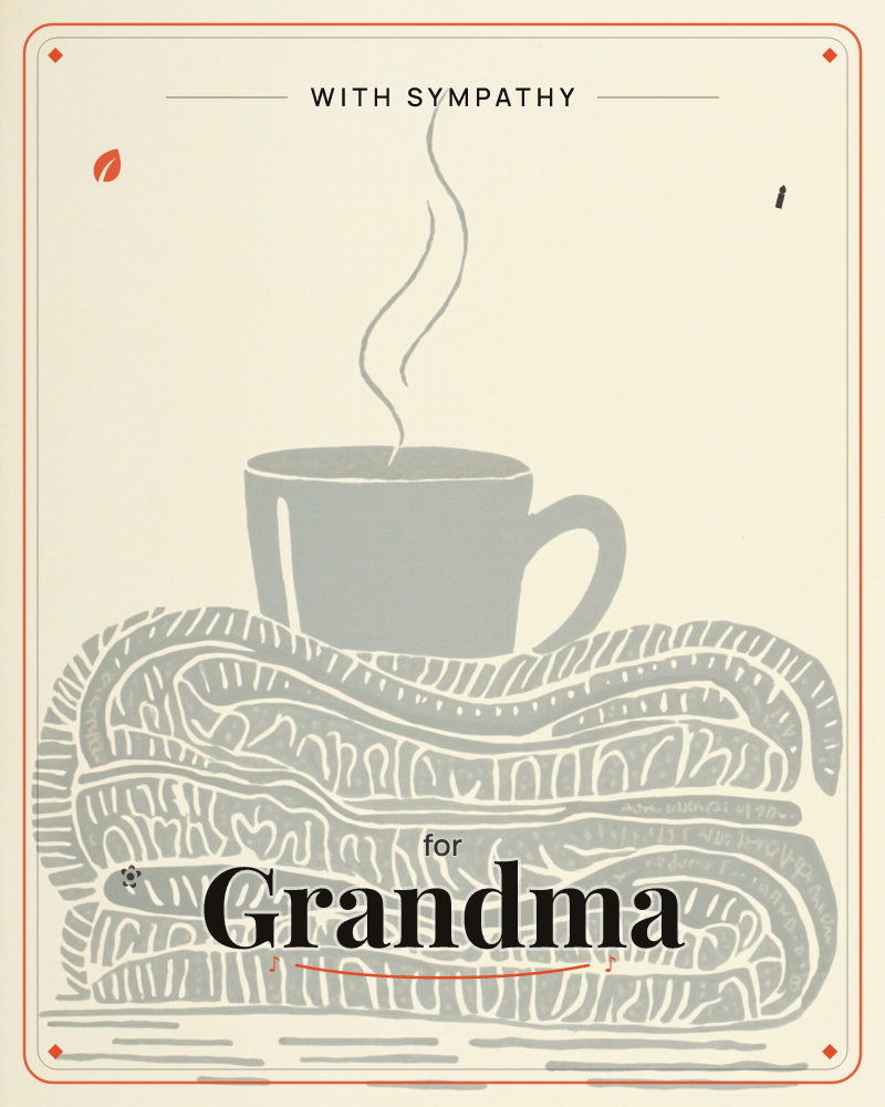 A steaming mug rests atop a thick, ribbed knit blanket or scarf, rendered as a single flat silhouette in soft grey-blue against a warm cream background, a sympathy e-card design