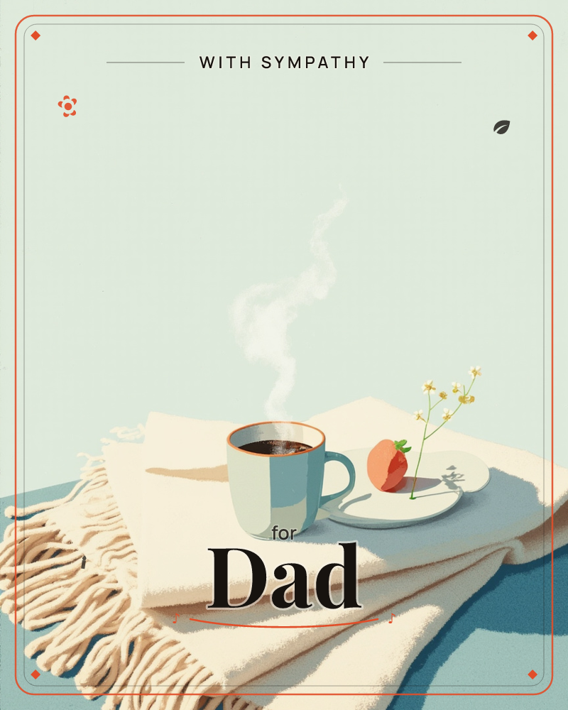 A steaming mug of coffee sits on a cream fringed throw beside a small white plate holding half a peach and a sprig of tiny wildflowers, a sympathy e-card design
