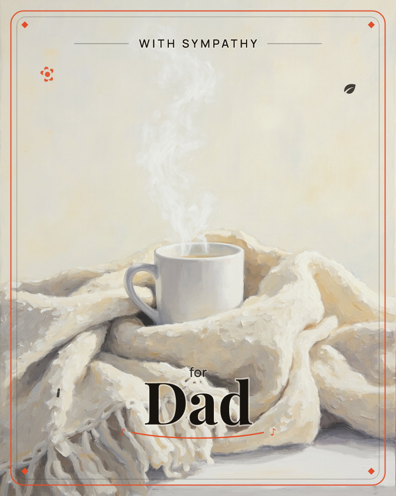 A white ceramic mug sits nestled in the folds of a soft, fringed cream blanket, steam curling upward against a pale, softly lit background, a sympathy e-card design