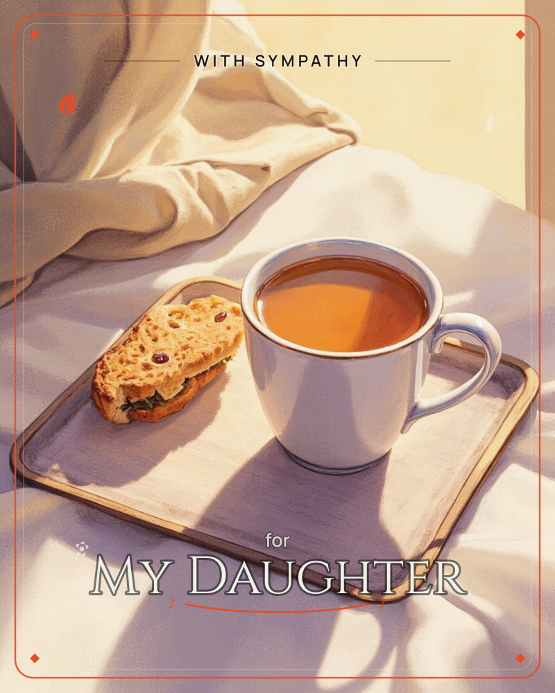 A small tray rests on rumpled white bedding, holding a heart-shaped sandwich and a white cup of tea catching warm morning light, a sympathy e-card design