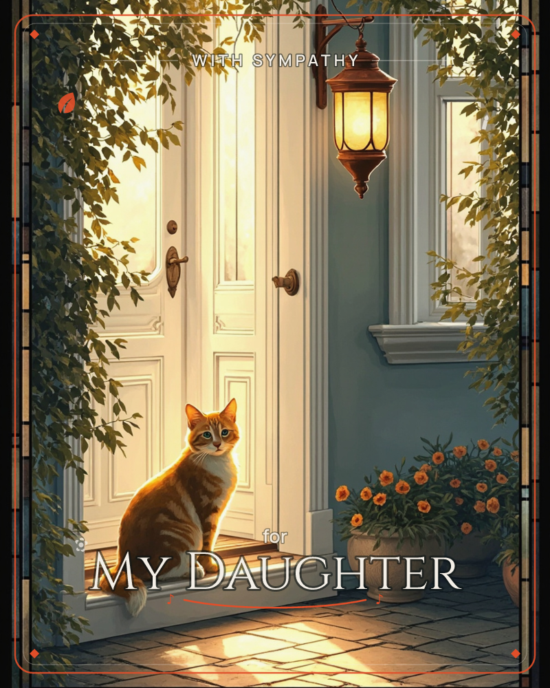 A ginger and white cat sits patiently on the doorstep of a white panelled door, framed by trailing green vines and a glowing brass lantern, a sympathy e-card design
