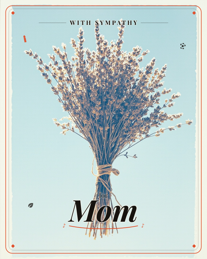 A bundle of dried lavender stems stands upright against a soft pale blue sky, tied together at the base with a loose loop of twine, a sympathy e-card design