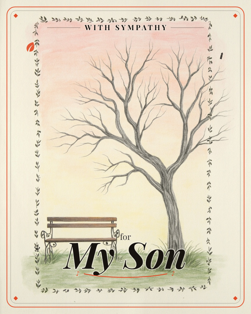 A bare, gently gnarled tree stretches its branches over an empty wrought-iron bench set on a patch of green grass, framed by a delicate border of small…, a sympathy e-card design