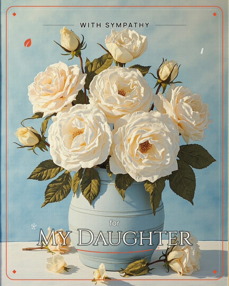 A pale blue ceramic vase holds a full bouquet of creamy white roses, their petals ruffled and heavy with soft folds, set against a hazy blue-grey backdrop, a sympathy e-card design