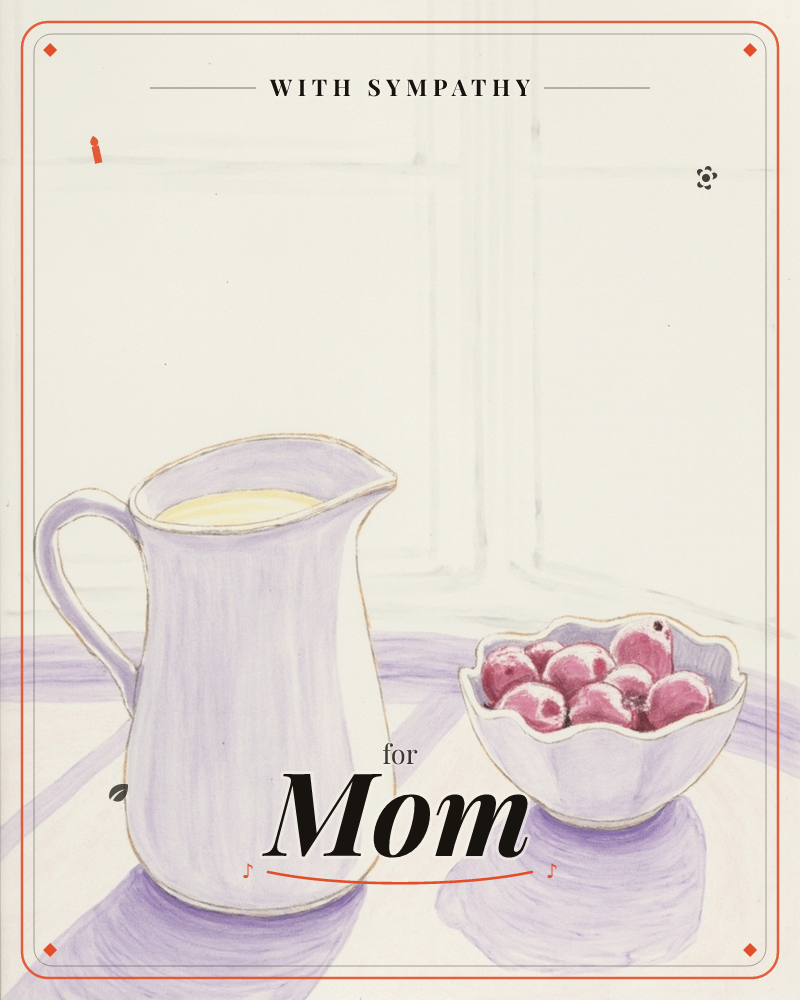 A pale lilac pitcher of cream sits beside a scalloped bowl of dark red cherries on a sunlit tabletop, with soft violet shadows stretching across the…, a sympathy e-card design