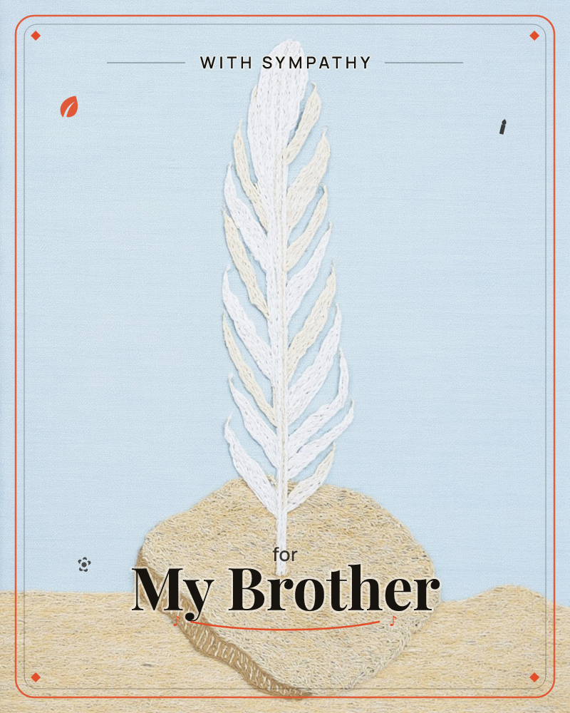 A single white feather stands upright, planted in a small mound of pale sand against a soft blue background with a vignette of dark shadow at the edges, a sympathy e-card design