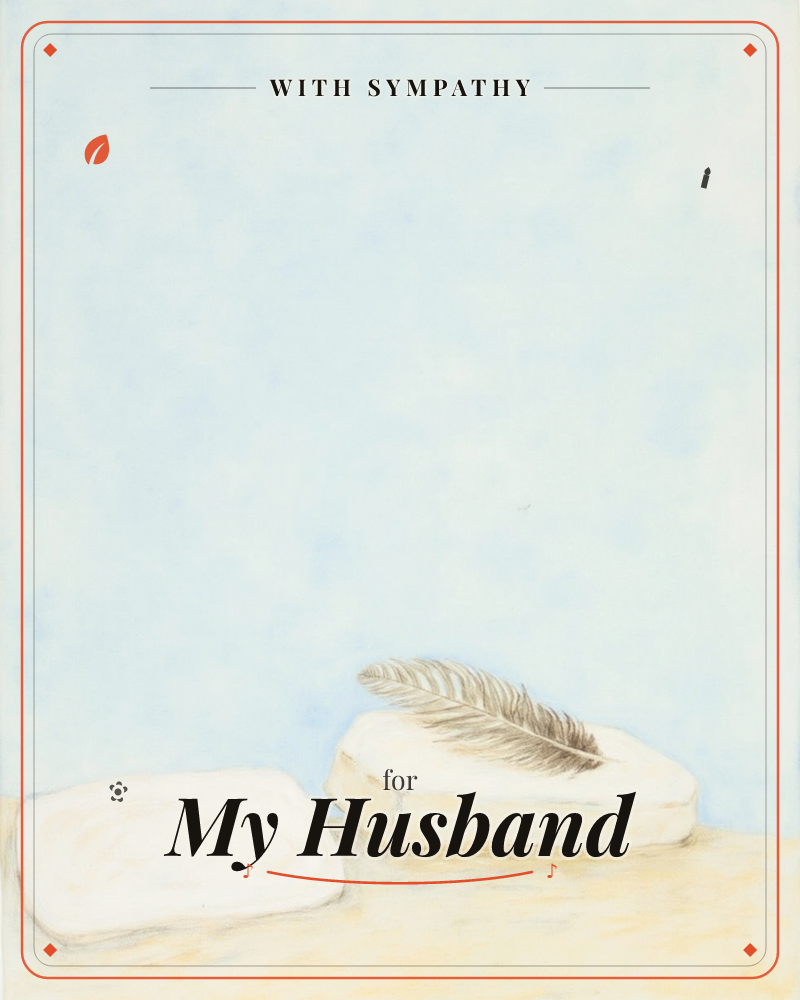 A single feather rests atop a smooth pale stone, set against a soft, hazy blue-white light that fades into shadow at the edges of the frame, a sympathy e-card design