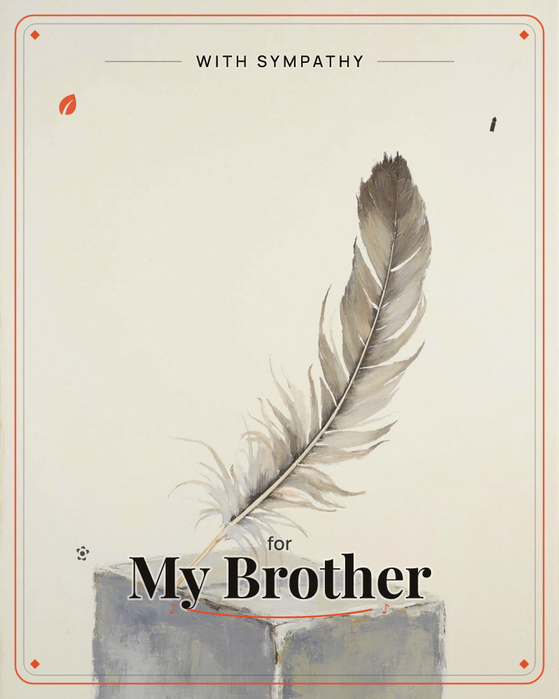 A single soft brown feather leans upright against a pale grey block, its quill balanced on the stone edge as though set there a moment ago, a sympathy e-card design