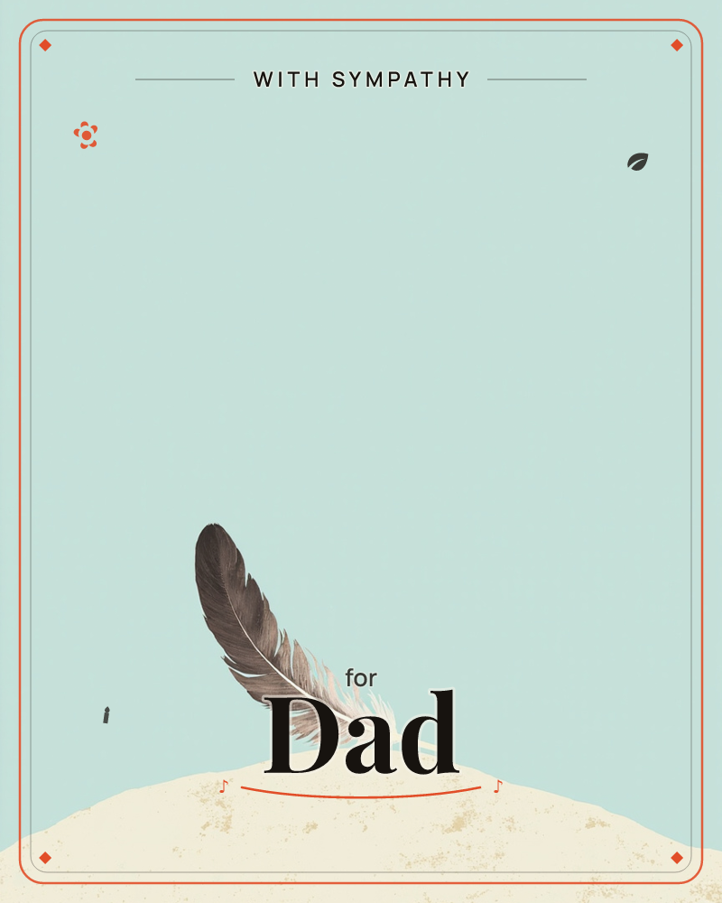 A single feather rests balanced on the crest of a pale sandy mound, its plume shading from dark brown at the tip to soft cream at the base, a sympathy e-card design