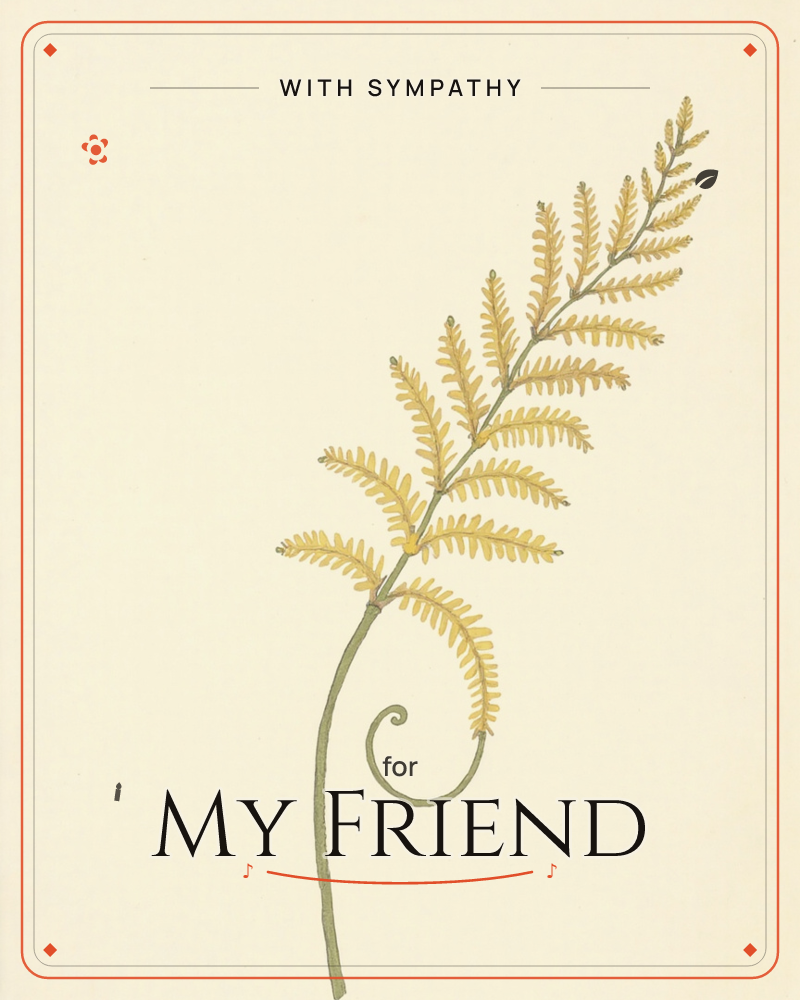 A single fern frond arches diagonally across a soft cream background, its stem curling into a small spiral at the base, a sympathy e-card design