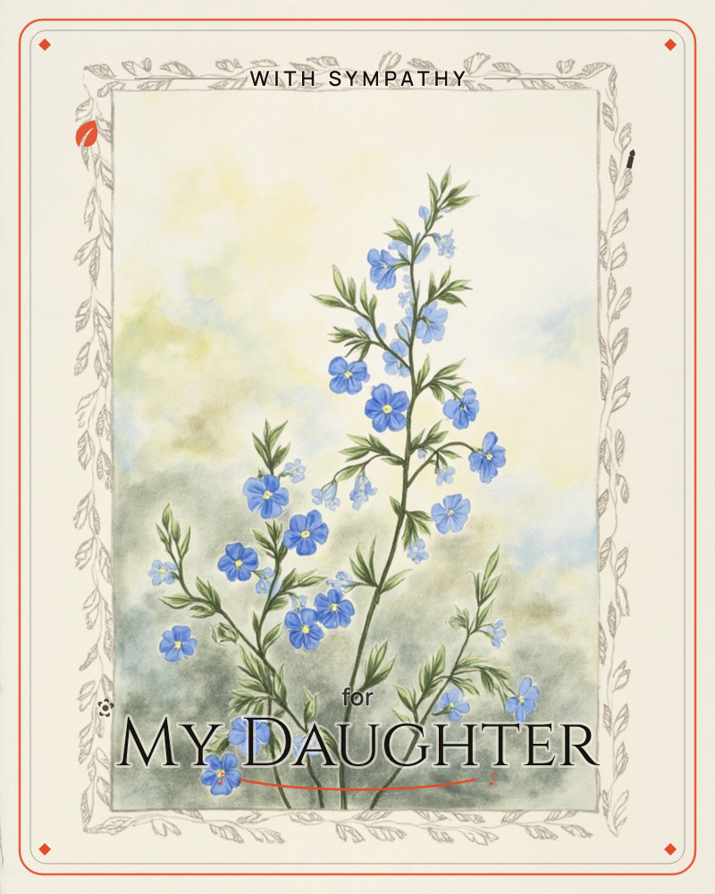 A tall stem of small blue five-petalled flowers rises against a softly clouded background of pale yellow, blue, and muted green washes, a sympathy e-card design