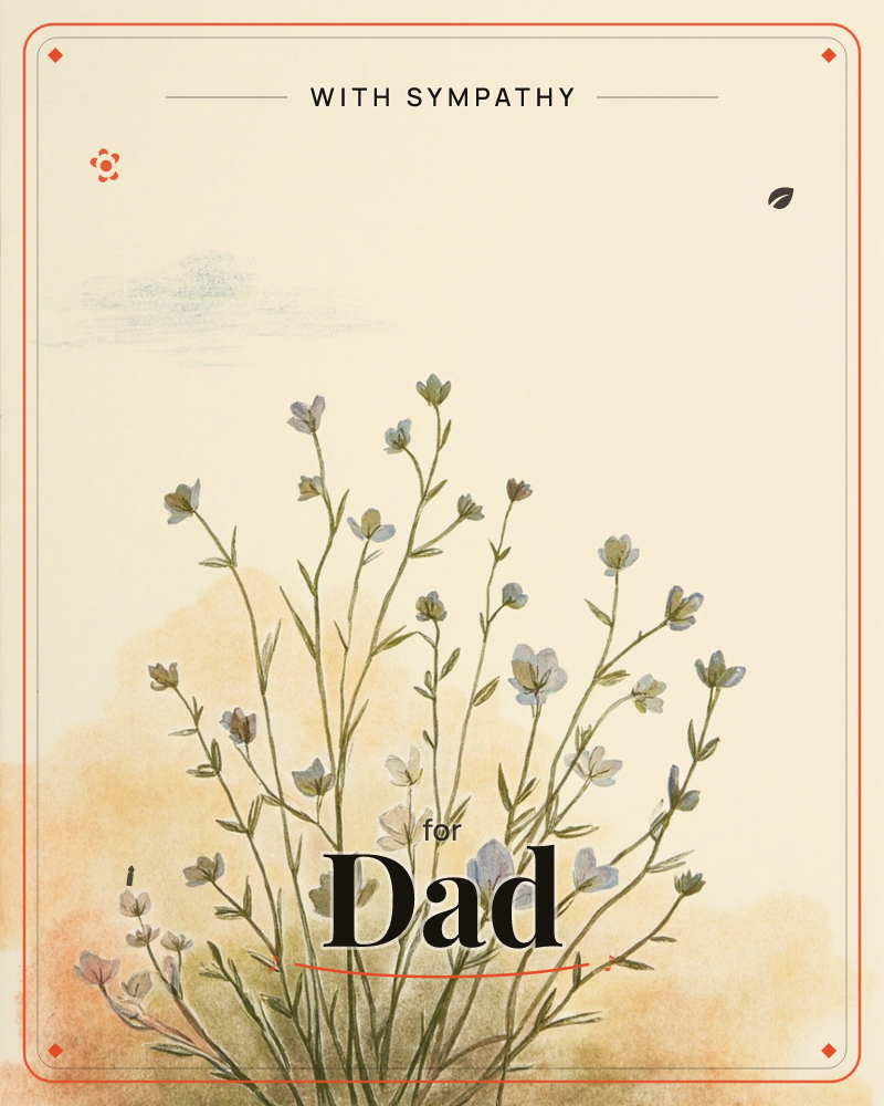 A slender cluster of wildflowers with pale lavender-blue blooms rises on thin green stems against a soft cream background, with a faint blue cloud…, a sympathy e-card design