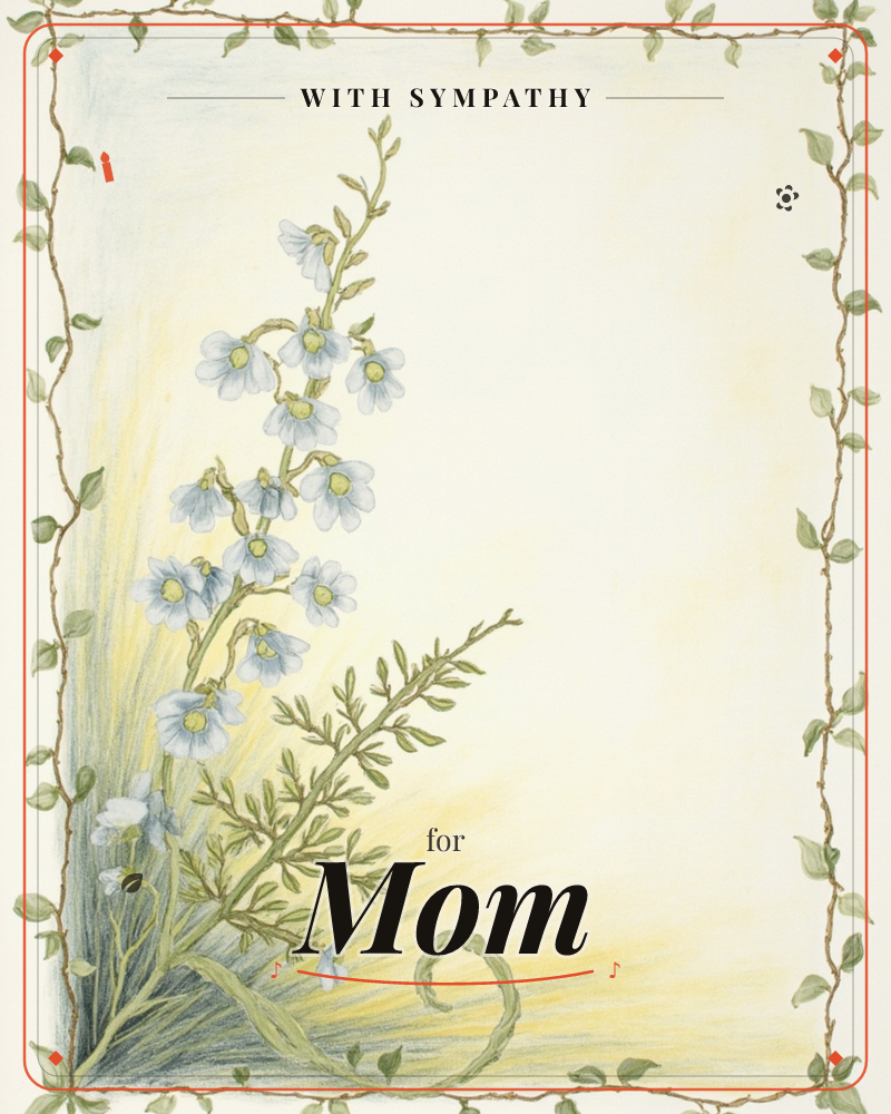 A tall stem of pale blue flowers with yellow centers arches up the left side of the card, set against soft washes of golden light and blue-green shadow, a sympathy e-card design