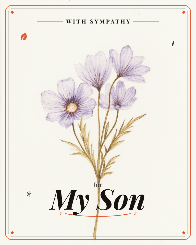 A single stem of pale lavender cosmos flowers rises against a soft, glowing white centre that fades into charcoal shadow at the edges, a sympathy e-card design