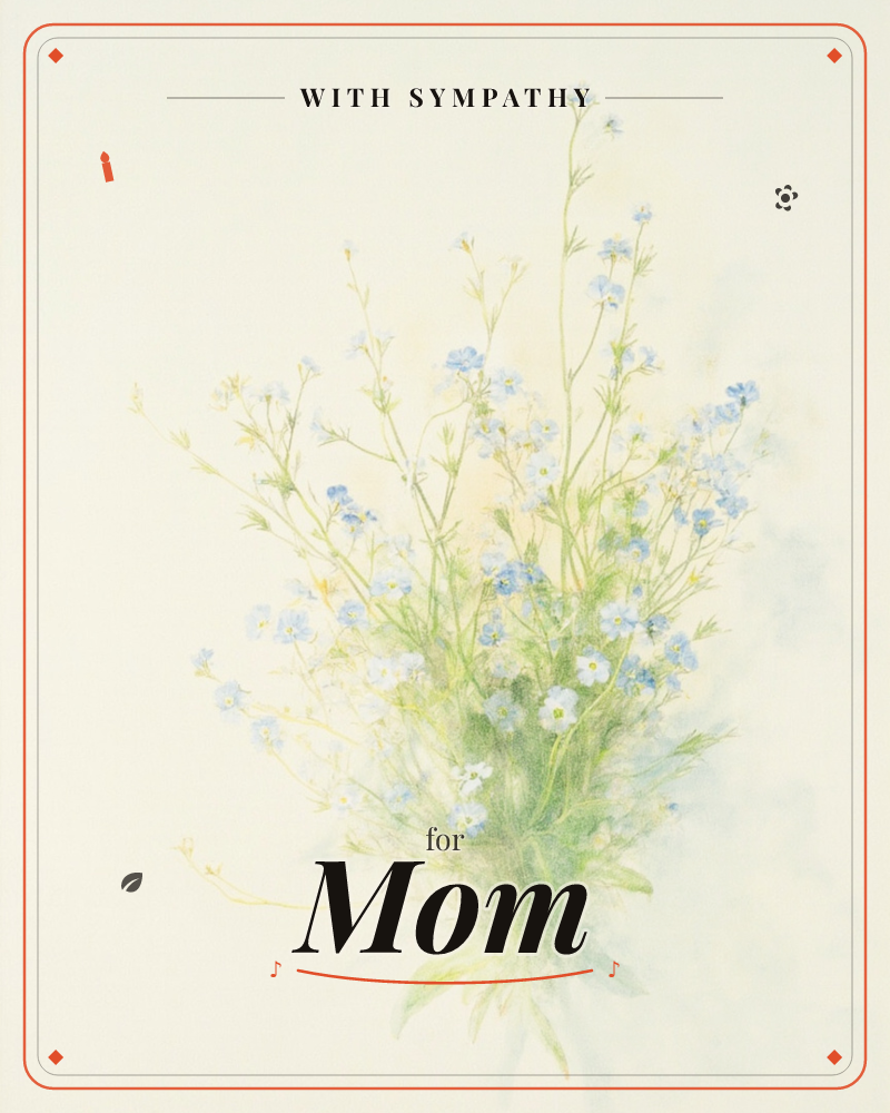 A loose, upright bundle of wild flax and tiny daisy-like blooms is painted in soft watercolour against a pale cream background, its slender stems…, a sympathy e-card design